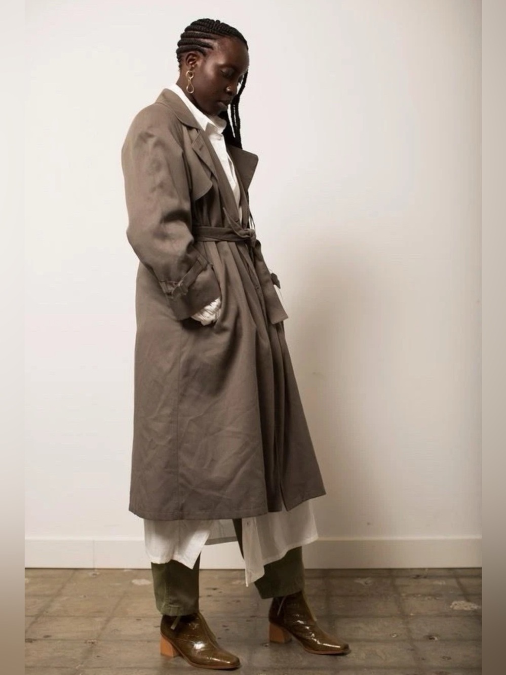 London Fog Vintage Tan Herringbone Print Trench Coat Sz 8 Zip-Out Lining NWOT